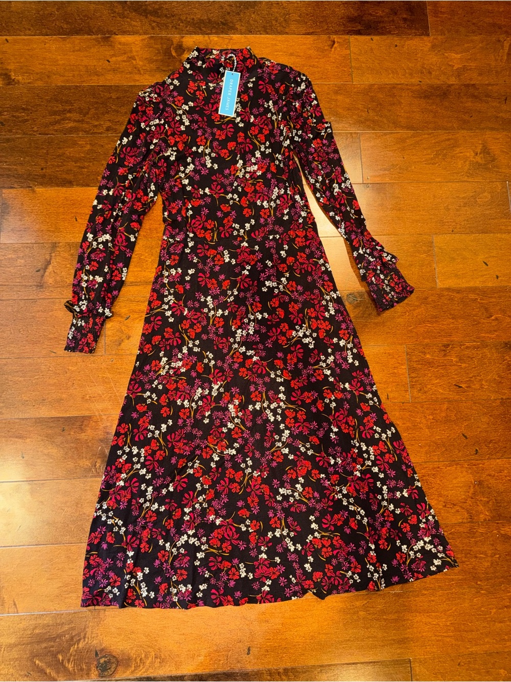 Draper James Black Long-Sleeve Floral Midi Dress with Red & Pink Blooms